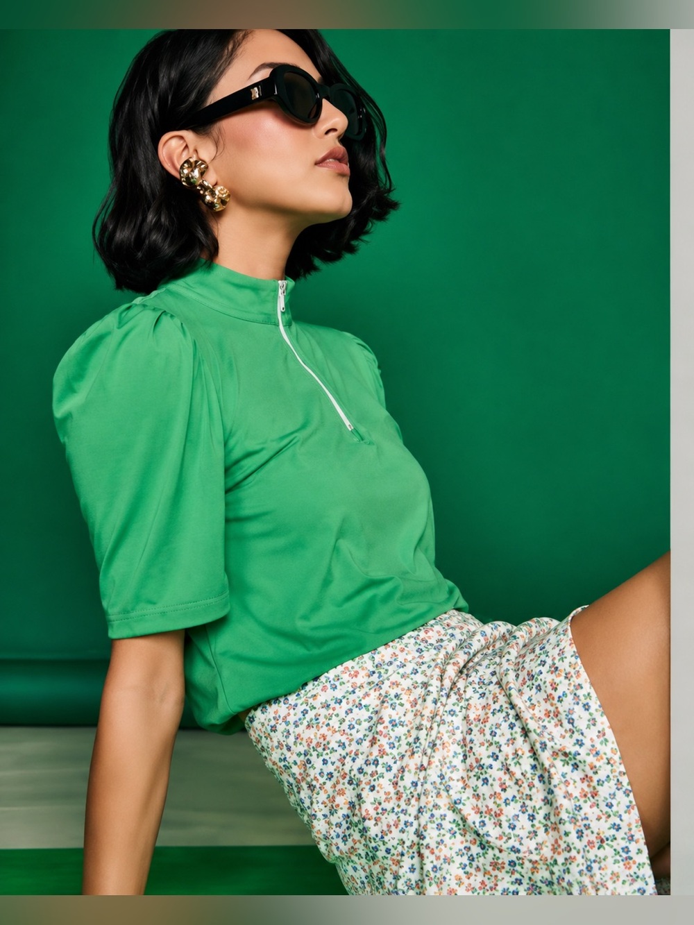 New Byrdie Social Wear Golf Green Half-Zip Puff Sleeve Performance Top Polo